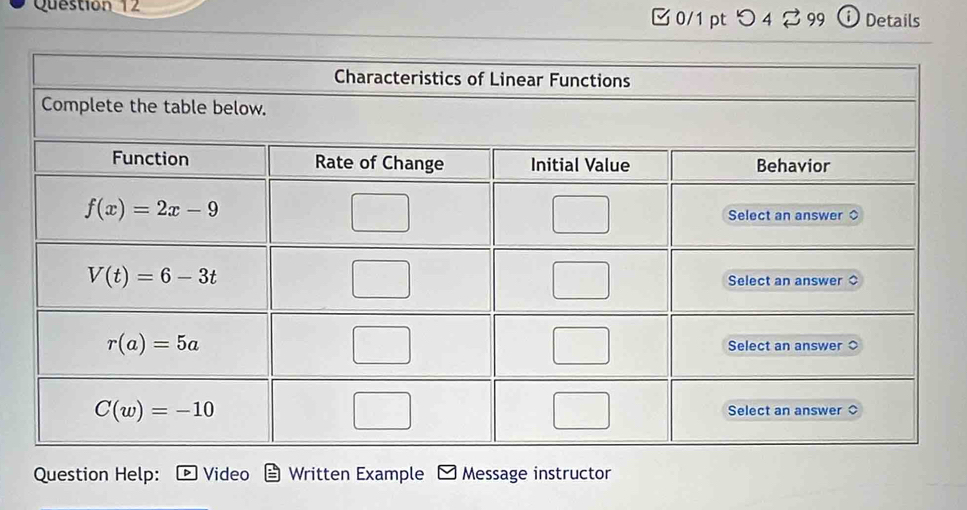 □ 0/1 pt つ 4 2 99 ⓘ Details
Question Help: Video Written Example Message instructor