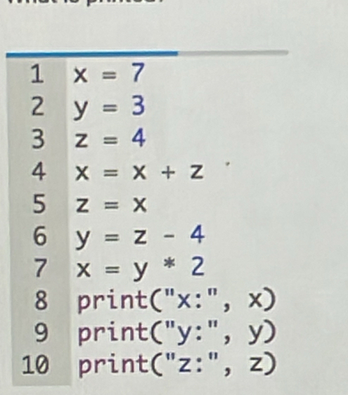 1 x=7
2 y=3
3 z=4
4 x=x+z
5 z=x
6 y=z-4
7 x=y*2
8 print("x: '',x)
9 print("y: '',y)
10 print(" z:'',z)