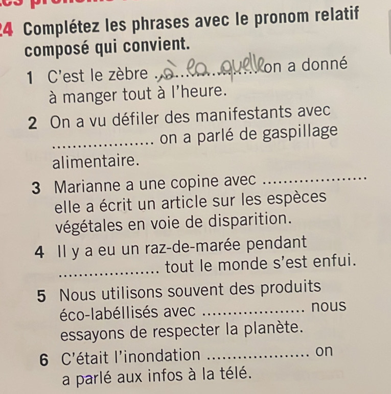 Complétez les phrases avec le pronom relatif 
composé qui convient. 
1 C'est le zèbre . on a donné 
à manger tout à l'heure. 
2 On a vu défiler des manifestants avec 
_on a parlé de gaspillage 
alimentaire. 
3 Marianne a une copine avec 
_ 
elle a écrit un article sur les espèces 
végétales en voie de disparition. 
4 Il y a eu un raz-de-marée pendant 
_tout le monde s'est enfui. 
5 Nous utilisons souvent des produits 
éco-labéllisés avec _nous 
essayons de respecter la planète. 
6 C'était l'inondation_ 
on 
a parlé aux infos à la télé.