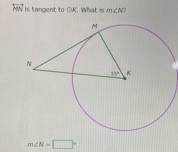 overleftrightarrow MN is tangent to odot K. What is m∠ N 2
m∠ N=□°