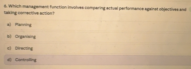 Risolto:Which management function involves comparing actual performance ...