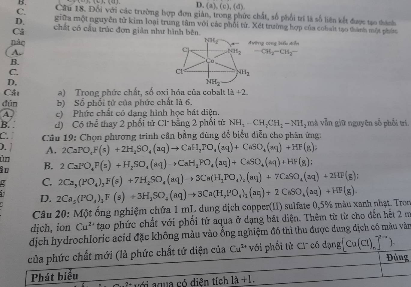 B.
(0),(0)
D. (a), (c), (d).
C. Câu 18. Đối với các trường hợp đơn giản, trong phức chất, số phối trí là số liên kết được tạo thành
D. giữa một nguyên tử kim loại trung tâm với các phối tử. Xét trường hợp của cobalt tạo thành một phức
Câ chất có cấu trúc đơn giản như hình bên.
nào đường cong biểu diễn
A.
-CH_2-CH_2-
B.
C.
D.
Cât a) Trong phức chất, số oxi hóa của cobalt 1a+2.
đún b) Số phối tử của phức chất là 6.
A. c) Phức chất có dạng hình học bát diện.
B. d) Có thể thay 2 phối tử Cl¯ bằng 2 phối tử NH_2-CH_2CH_2-NH_2 mà vẫn giữ nguyên số phối trí.
C.  Câu 19: Chọn phương trình cân bằng đúng để biểu diễn cho phản ứng:
D. ↓
A. 2CaPO_4F(s)+2H_2SO_4(aq)to CaH_2PO_4(aq)+CaSO_4(aq)+HF(g);
ùn
âu
B. 2CaPO_4F(s)+H_2SO_4(aq)to CaH_2PO_4(aq)+CaSO_4(aq)+HF(g);
g
C. 2Ca_5(PO_4)_3F(s)+7H_2SO_4(aq)to 3Ca(H_2PO_4)_2(aq)+7CaSO_4(aq)+2HF(g);
1
D. 2Ca_5(PO_4)_3F(s)+3H_2SO_4(aq)to 3Ca(H_2PO_4)_2(aq)+2CaSO_4(aq)+HF(g).
Câu 20: Một ống nghiệm chứa 1 mL dung dịch copper(II) sulfate 0,5% màu xanh nhạt. Tron
dịch, ion Cu^(2+) tạo phức chất với phối tử aqua ở dạng bát diện. Thêm từ từ cho đến hết 2 m
dịch hydrochloric acid đặc không màu vào ống nghiệm đó thì thu được dung dịch có màu vàn
của phức chất mới (là phức chất tứ diện của Cu^(2+) với phối tử Cl có dạng [Cu(Cl)_n]^2-n).
Đúng
Phát biểu
2+ với aqua có điên tích 1dot a+1.