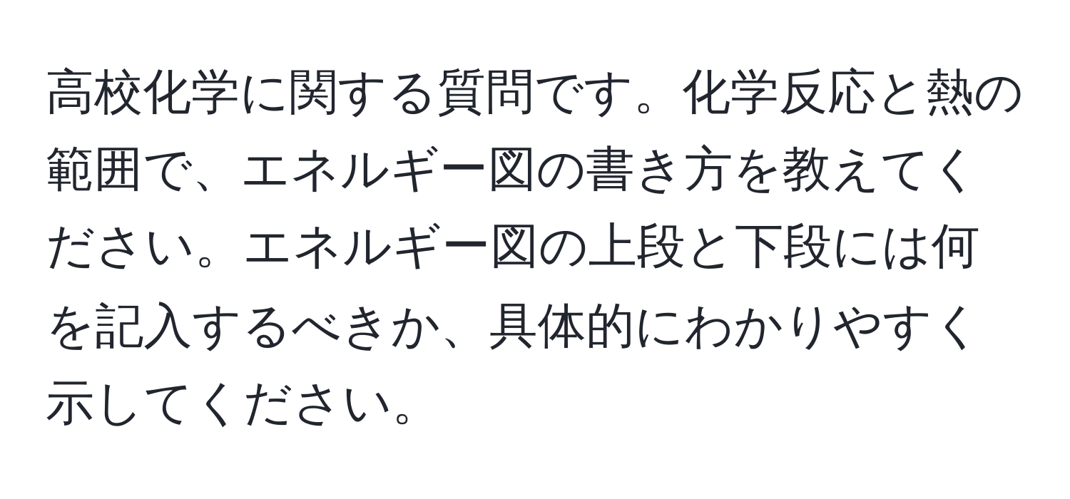 高校化学に関する質問です。化学反応と熱の範囲で、エネルギー図の書き方を教えてください。エネルギー図の上段と下段には何を記入するべきか、具体的にわかりやすく示してください。