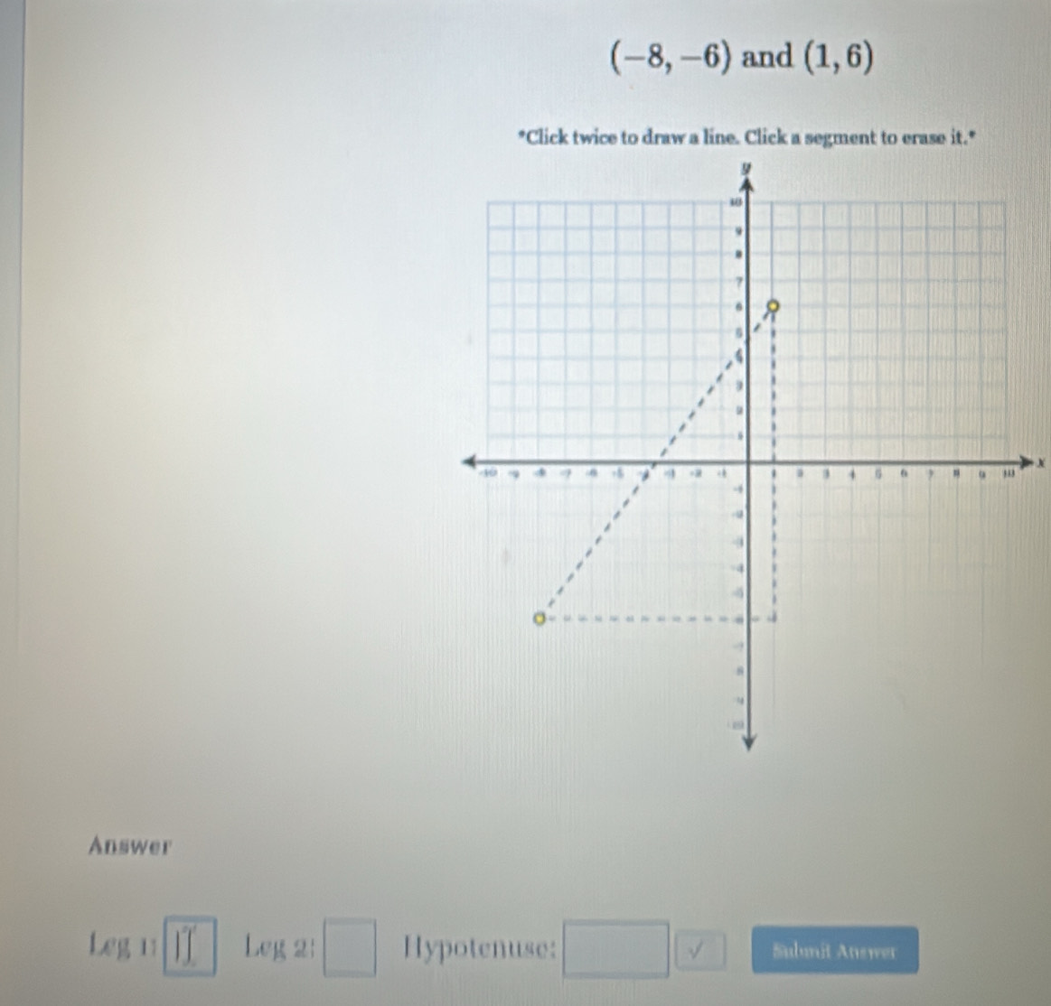 (-8,-6) and (1,6)
*Click twice to draw a line. Click a segment to erase it." 
X 
Answer 
Leg11□ Leg2: □ Hypotenuse: □  vee  Sulmit Atswer