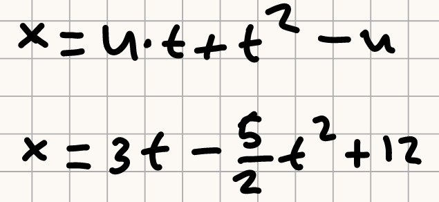 x=u· t+t^2-u
x=3t- 5/2 t^2+12