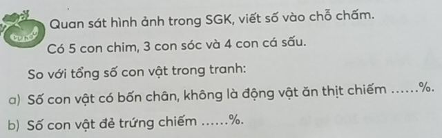 Quan sát hình ảnh trong SGK, viết số vào chỗ chấm. 
Có 5 con chim, 3 con sóc và 4 con cá sấu. 
So với tổng số con vật trong tranh: 
a) Số con vật có bốn chân, không là động vật ăn thịt chiếm ...... %. 
b) Số con vật đẻ trứng chiếm ...... %.