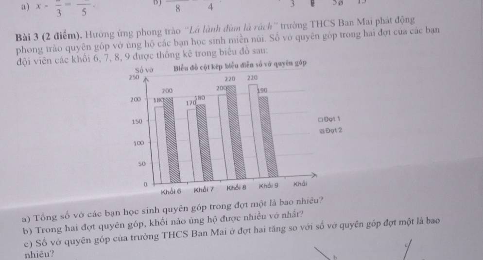 a) x-frac 3=frac 5·
D J 8 4
3 >Ø
Bài 3 (2 điểm). Hưởng ứng phong trào “Lá lành đùm là rách'' trường THCS Ban Mai phát động
phong trào quyên góp vở ủng hộ các bạn học sinh miền núi. Số vớ quyên góp trong hai đợt của các bạn
đội viên các khối 6, 7, , 9 được thống kê trong biểu đồ sau:
a) Tổng số vở các bạn học sinh quyên góp trong đợt một là bao nhiêu?
b) Trong hai đợt quyên góp, khối nào ủng hộ được nhiều vớ nhất?
c) Số vở quyên góp của trường THCS Ban Mai ở đợt hai tăng so với số vở quyên góp đợt một là bao
nhiêu?
b