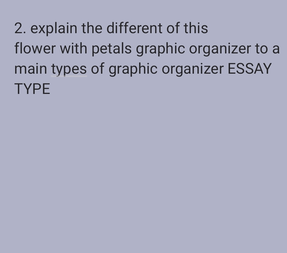 explain the different of this 
flower with petals graphic organizer to a 
main types of graphic organizer ESSAY 
TYPE