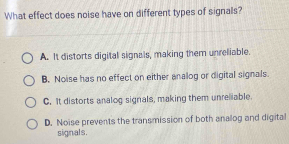 What effect does noise have on different types of signals?
A. It distorts digital signals, making them unreliable.
B. Noise has no effect on either analog or digital signals.
C. It distorts analog signals, making them unreliable.
D. Noise prevents the transmission of both analog and digital
signals.