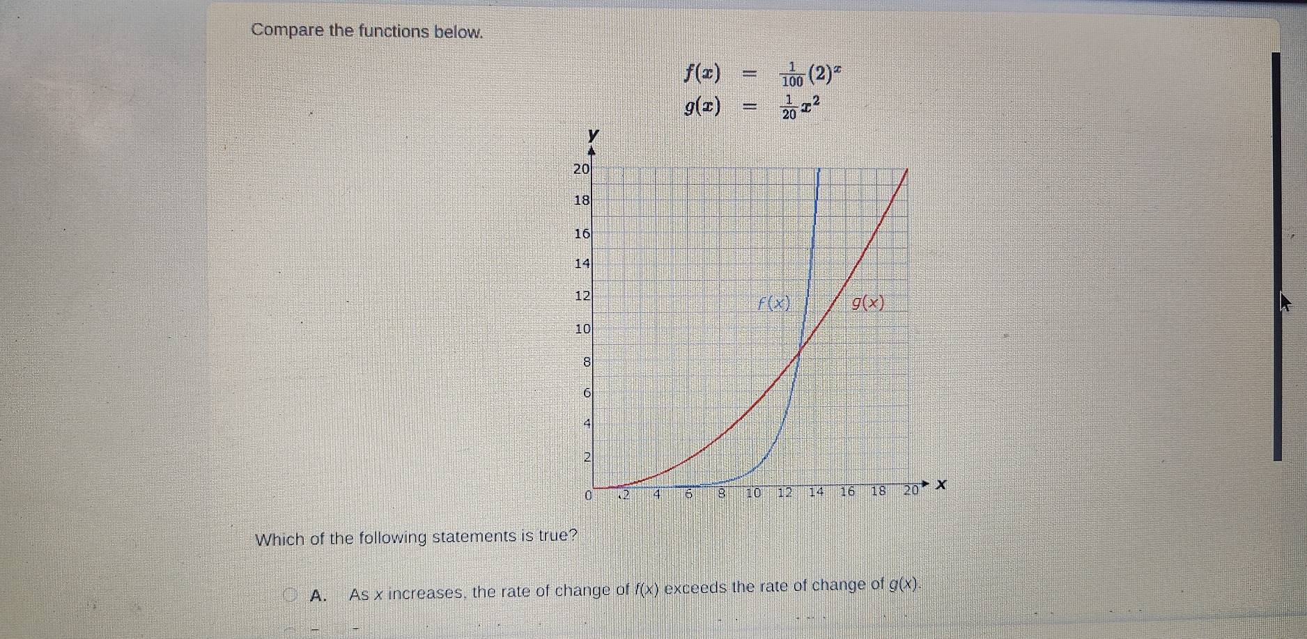 Compare the functions below.
f(x)= 1/100 (2)^x
g(x)= 1/20 x^2
Which of the following statements is true?
A. As x increases, the rate of change of f(x) exceeds the rate of change of g(x).