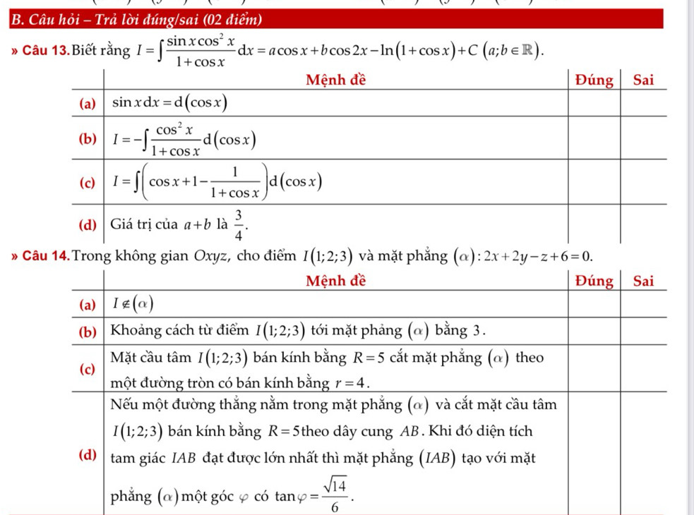 Câu hỏi - Trả lời đúng/sai (02 điểm)
» Câu 13.Biết rangI=∈t  sin xcos^2x/1+cos x dx=acos x+bcos 2x-ln (1+cos x)+C(a;b∈ R).
» Câu 14.Trong không gian Oxyz, cho điểm I(1;2;3) và mặt phẳng (α): 2x+2y-z+6=0.