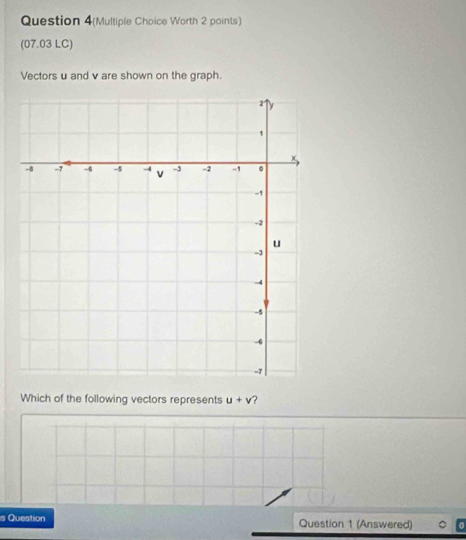 Question 4(Multiple Choice Worth 2 points) 
(07.03 LC) 
Vectors u and v are shown on the graph. 
Which of the following vectors represents u+v ? 
s Question Question 1 (Answered) 0