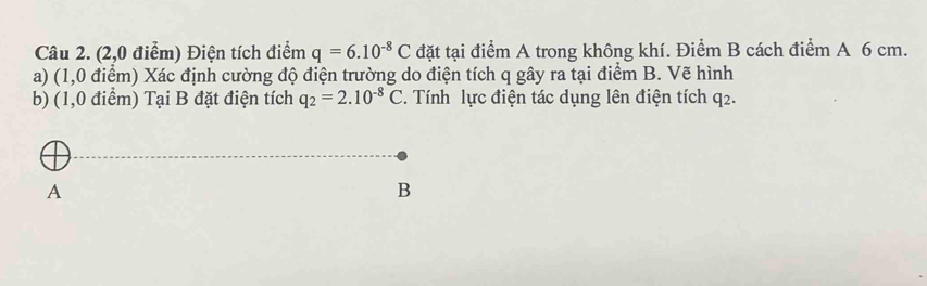 (2,0 điểm) Điện tích điểm q=6.10^(-8)C đặt tại điểm A trong không khí. Điểm B cách điểm A 6 cm. 
a) (1,0 điểm) Xác định cường độ điện trường do điện tích q gây ra tại điểm B. Vẽ hình 
b) (1,0 điểm) Tại B đặt điện tích q_2=2.10^(-8)C. Tính lực điện tác dụng lên điện tích q_2. 
A 
B