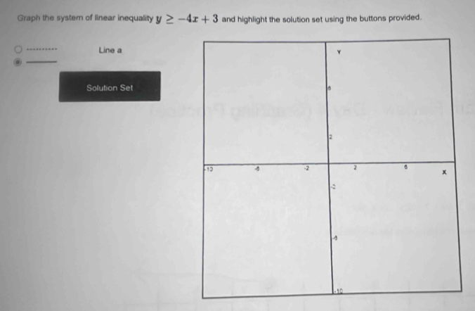 Graph the system of linear inequality y≥ -4x+3 and highlight the solution set using the buttons provided. 
_ 
Line a 
_ 
Solution Set