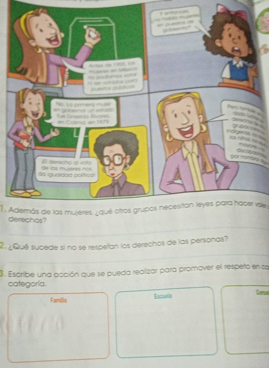 ces. 


par nombr d 
1, Además de las mujeres, ¿qué otros grupos necesitan leyes para hacer ide 
_ 
d 
_ 
2. ¿Qué sucede si no se respetan los derechos de las personas? 
_ 
3, Escribe una acción que se pueda realizar para promover el respeto en ca 
categoría. 
Familia Escuela