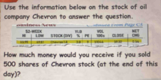 Use the information below on the stock of oil 
company Chevron to answer the question. 
How much money would you receive if you sold
500 shares of Chevron stock (at the end of this
day)?