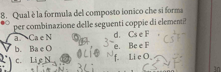 Qual è la formula del composto ionico che si forma
per combinazione delle seguenti coppie di elementi?
a. Ca e N d. Cs e F
b. Ba e O e. Be e F
c. Li e N f. Li e O
30