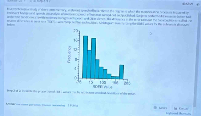 Questiol 22 + of 11 5tep 2 of 2
43:55:25
In a psychological study of short-term memory, irrelevant speech effects refer to the degree to which the memorization process is impaired by 
irrelevant background speech. An analysis of irrelevant speech effects was carried out and published. Subjects performed the memorization task 
under two conditions. (1) with irrelevant background speech and (2) in silence. The difference in the error rates for the two conditions—called the 
relative difference in error rate (RDER)—was computed for each subject. A histogram summarizing the RDER values for the subjects is displayed 
below. 
Step 2 of 2: Estimate the proportion of RDER values that lie within two standard deviations of the mean. 
Answor now to enter your snwer (ooens in new window) 2 Points Tables Keypad 
Keyboard Shortcuts