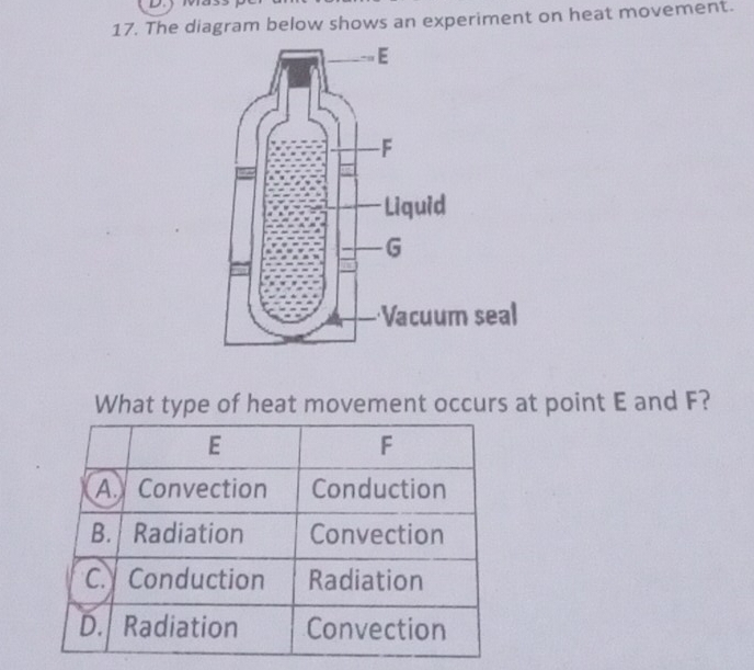 The diagram below shows an experiment on heat movement. 
What type of heat movement occurs at point E and F?