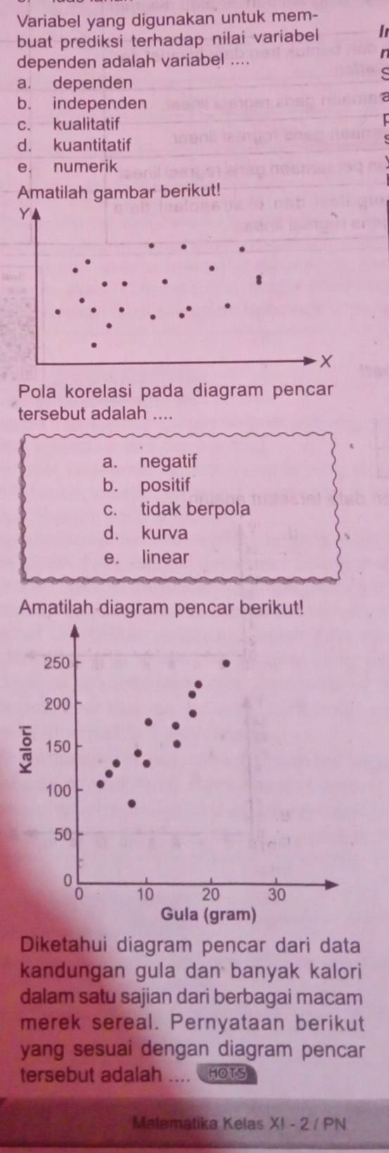 Variabel yang digunakan untuk mem-
buat prediksi terhadap nilai variabel In
dependen adalah variabel ....
n
a. dependen
b. independen
c. kualitatif
d. kuantitatif
e. numerik
Amatilah gambar berikut!
Y
Pola korelasi pada diagram pencar
tersebut adalah ....
a. negatif
b. positif
c. tidak berpola
d. kurva
e. linear
Amatilah diagram pencar berikut!
Diketahui diagram pencar dari data
kandungan gula dan banyak kalori
dalam satu sajian dari berbagai macam
merek sereal. Pernyataan berikut
yang sesuai dengan diagram pencar
tersebut adalah .... HOTS
Malematika Kelas X! - 2 / PN