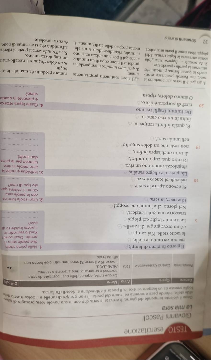 TESTO esercitazione
Giovanni Pascoli
La mia sera
Dopo il violento temporale del giorno, è arrivata la sera, che con le sue nuvole rosa, presagio di sp
dide stelle, infonde pace e serenità nel cuore del poeta. Tra un gre gre di ranelle e il dolce fruscio del
nticello, il poeta si abbandona ai ricordi d’infanzia.
Il giorno fu pieno di lampi; 1. Nella prima strofa
ma ora verranno le stelle, due parole sono ri-
petute. Quali sono?
le tacite stelle. Nei campi Perché secondo te
c'è un breve gre gre¹ di ranelle. il poeta insiste su di
esse?
5 Le tremule foglie dei pioppi
_
trascorre una gioia leggiera².
_
Nel giorno, che lampi! che scoppi!
Che pace, la sera. 2. Ogni strofa termina
con la parola sera.
Come si chiama que
Si devono aprire le stelle sto tipo di rima?
10 nel cielo sì tenero e vivo.
Là, presso le allegre ranelle,
3. Individua e indica le
altre parole in rima
singhiozza monotono un rivo. (almeno per le prime
Di tutto quel cupo tumulto³, due strofe).
di tutta quell’aspra bufera,
_
15 non resta che un dolce singulto⁴
_
_
nell’umida sera⁵.
_
È, quella infinita tempesta,
finita in un rivo canoro.
Dei fulmini fragili restano 4. Quale figura retorica
20 cirri‘di porpora e d’oro. è presente in questa
O stanco dolore, riposa! verso?
_
1. gre gre: è il verso che emettono le agli alberi sentimenti propriamente rumore prodotto da una folla in sub
rane; ma Pascoli preferisce espri- umani. buglio.
merlo in questa forma, piuttosto che 3. quel cupo tumulto: il temporale ha 4. un dolce singulto: il ruscello emett
utilizzare la parola «gracchiare». prodotto il suono cupo di un tumulto: un singhiozzo umano.
2. Le tremule …. leggiera: una gioia anche qui il poeta umanizza un suono 5. nell'umida sera: il poeta si riferisc
sottile attraversa le foglie tremanti dei naturale, riconducendolo a un ele- all'umidità che si accentua di notte.
pioppi. Nota come il poeta attribuisca mento proprio della civiltà umana, il 6. cirri: nuvolette.
32 Strumenti di analisi