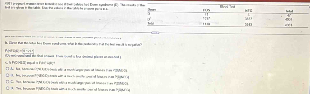 4981 pregnant women were tested to see if their babies had Down syndrome (D). The resul
test are given in the table. Use the values in the table to answer parts a c. 
_   a a s p  m f
b. Given that the fetus has Down syndrome, what is the probability that the test result is negative?
P(NEG|D)= 0.1277
(Do not round until the final answer. Then round to four decimal places as needed.)
c. ls P(D) NEG) equal to P(NEG_D)?
A. No, because P(NEG|D ) deals with a much larger pool of fetuses than P(D|NEG)
B. No, because P (NEG|C 0) deals with a much smaller pool of fetuses than P(D|NEG)
C. Yes, because P(N EG:D ) deals with a much larger pool of fetuses than P(D|NEG)
D. Yes, because P(NEG|D) deals with a much smaller pool of fetuses than P(D|NEG)