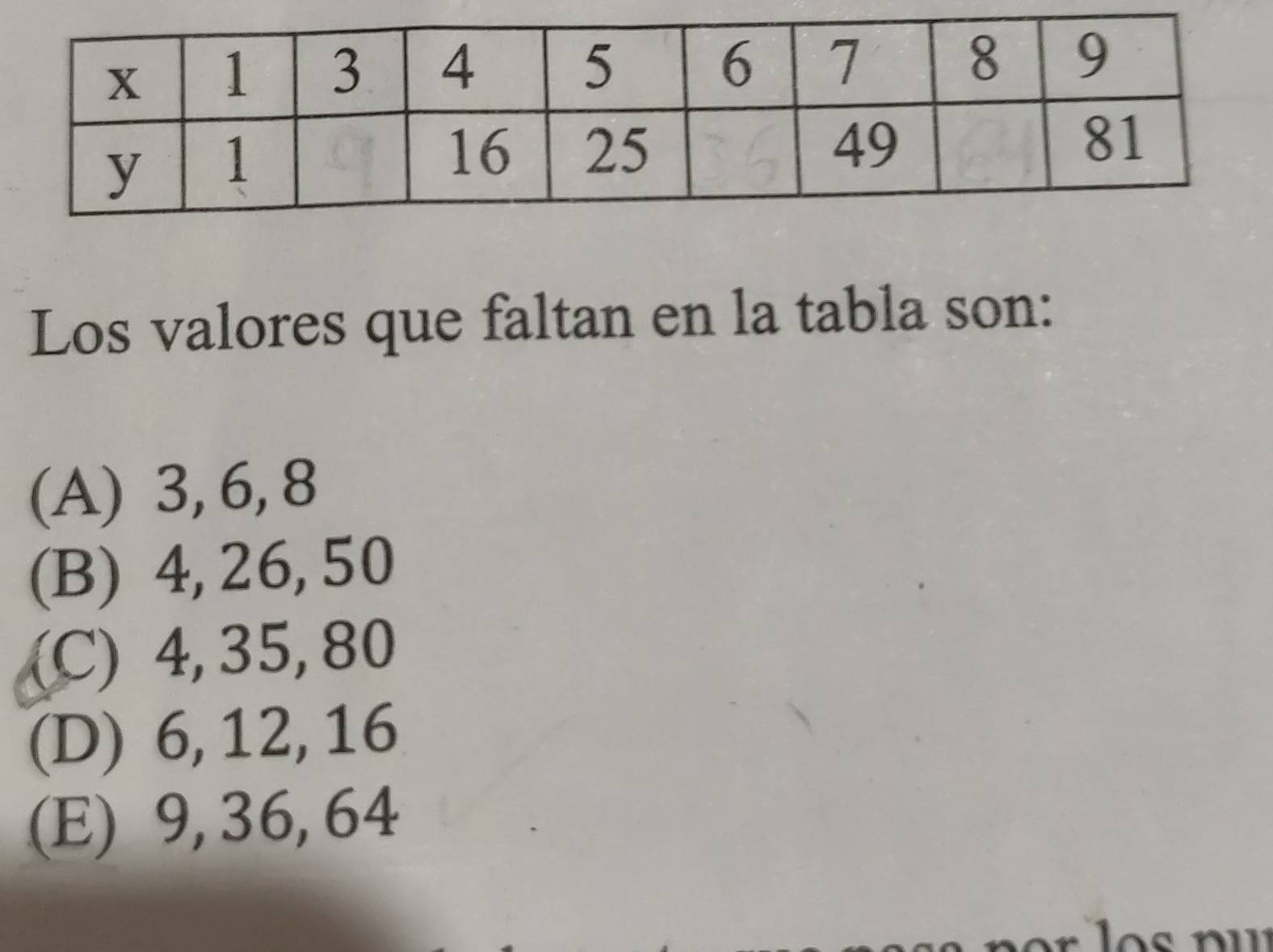 Los valores que faltan en la tabla son:
(A) 3, 6, 8
(B) 4, 26, 50
(C) 4, 35, 80
(D) 6, 12, 16
(E) 9, 36, 64