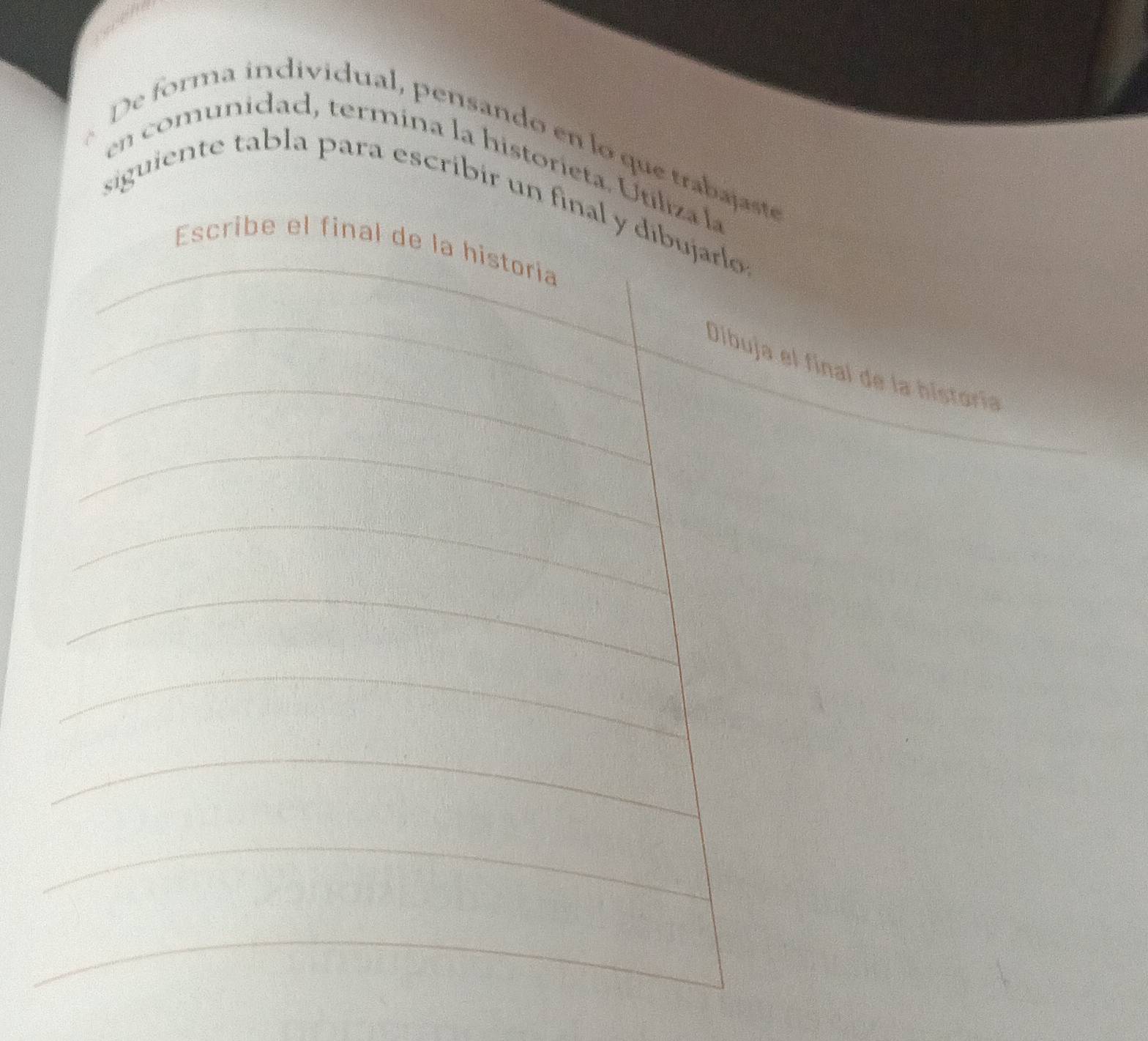 De forma individual, pensando en lo que tra 
en comunidad, termína la historieta. 
siguiente tabla para escribír u 
el final de la historía