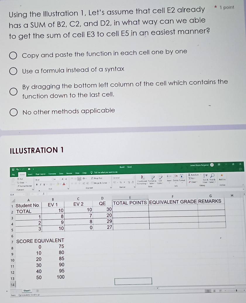 Using the Illustration 1, Let's assume that cell E2 already * 1 point
has a SUM of B2, C2, and D2, in what way can we able
to get the sum of cell E3 to cell E5 in an easiest manner?
Copy and paste the function in each cell one by one
Use a formula instead of a syntax
By dragging the bottom left column of the cell which contains the
function down to the last cell.
No other methods applicable
ILLUSTRATION 1
Book 1 Eacel Liter Ruyce Pergenán
. 
H Page L aycul T ormulas Cala Rnnme Viema Help Tell me what you want to do 
I hitulu
X Cut ~ Th- Son&Find Ass ==
Cay = 1* Wap ter
Morgt & Cemer Casttorul
# Canld
of Formal Raiote m / V
E drng
t irt N grwet
Cubcar!
6
2 SCORE EQUIVALENT
8 0 75
9 10 80
10 20 85
11 30 90
12 40 95
13 50 100
14
Sheet !