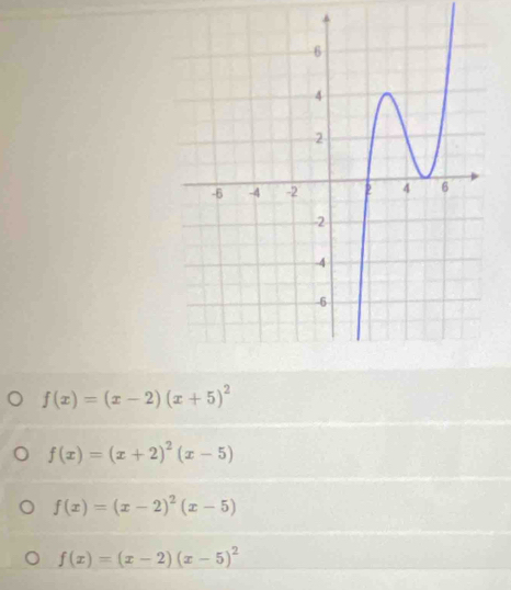 f(x)=(x-2)(x+5)^2
f(x)=(x+2)^2(x-5)
f(x)=(x-2)^2(x-5)
f(x)=(x-2)(x-5)^2