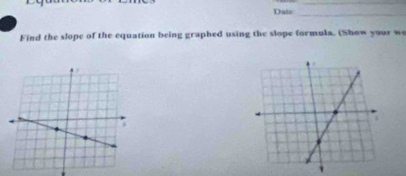 Date:_ 
Find the slope of the equation being graphed using the slope formula. (Show your we