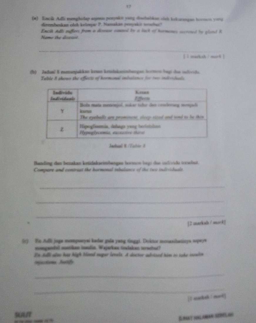 17 
(a) Encik Adli menghidap sejenis penyakit yang disebabkan oleh kekurangan hormon yang 
dirembeskan olch kelenjar P. Namakan penyakit tersebur? 
Encik Adli suffers from a disease caused by a lack of hormanes secreted by gland R 
Name the disease 
_ 
[ 1 markah / murk ] 
(b) Jadual 8 menunjukkan kesan ketidaksnmbangan hormon bagi dua udividu. 
Table 8 shows the effects of hormonal imbalance for two individuals. 
Jadual 8 /Tabie 8 
Banding dan bezakan ketidakseimbangan hormon bagi dua individu tersehut. 
Compare and contrast the hormonal inbalance of the two individuals. 
_ 
_ 
_ 
[2 markah / mark] 
() En Adli juge mempunysi kadar gula yang tinggi. Doktor menasihatinys sopeys 
sengensbil suntike insdin. Wajarkan tindakan torachut? 
En Adl also has high band suger levels. A doctor advised him to take inouln 
mjacton, hartly 
_ 
_ 
[1 marksh / mart] 
RMT MALAMAN SERELAH