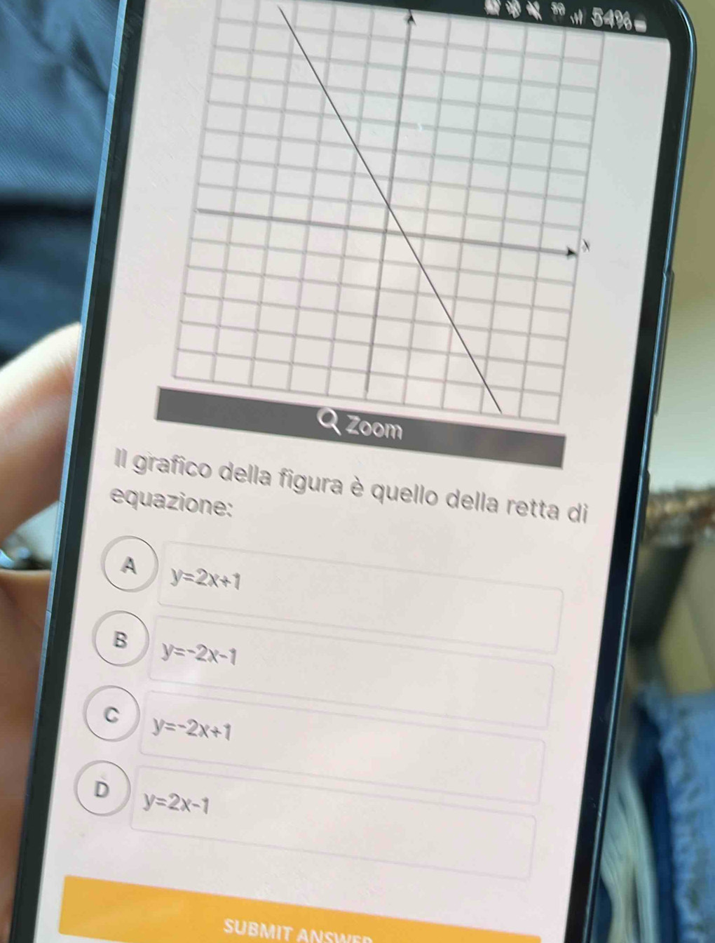 54%=
Il ello della retta di
equazione:
A y=2x+1
B y=-2x-1
C y=-2x+1
D y=2x-1