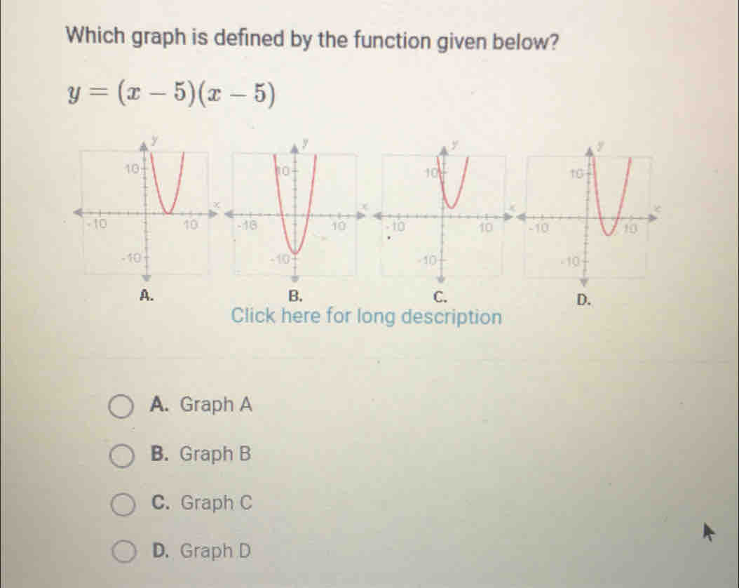 Which graph is defined by the function given below?
y=(x-5)(x-5)
A.
B.
C.
D.
Click here for long description
A. Graph A
B. Graph B
C. Graph C
D. Graph D