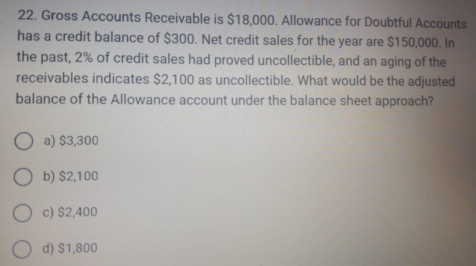 Gross Accounts Receivable is $18,000. Allowance for Doubtful Accounts
has a credit balance of $300. Net credit sales for the year are $150,000. In
the past, 2% of credit sales had proved uncollectible, and an aging of the
receivables indicates $2,100 as uncollectible. What would be the adjusted
balance of the Allowance account under the balance sheet approach?
a) $3,300
b) $2,100
c) $2,400
d) $1,800