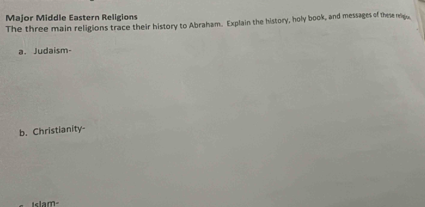 Major Middle Eastern Religions 
The three main religions trace their history to Abraham. Explain the history, holy book, and messages of these relign 
a. Judaism- 
b. Christianity- 
Islam-