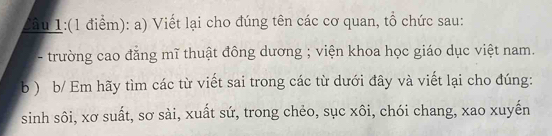 Viết lại cho đúng tên các cơ quan, tổ chức sau: 
- trường cao đẳng mĩ thuật đông dương ; viện khoa học giáo dục việt nam. 
b ) b/ Em hãy tìm các từ viết sai trong các từ dưới đây và viết lại cho đúng: 
sinh sôi, xơ suất, sơ sài, xuất sứ, trong chẻo, sục xôi, chói chang, xao xuyến