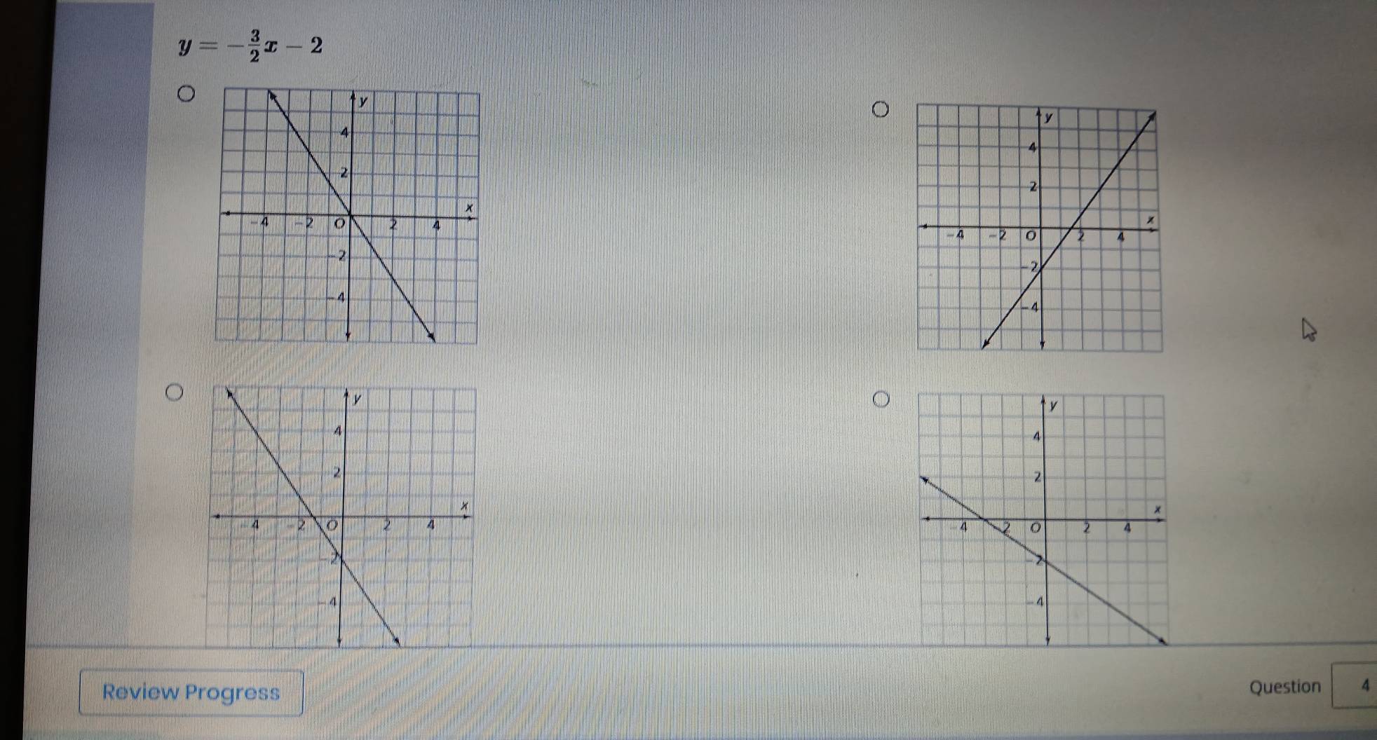 y=- 3/2 x-2

Review Progress Question 4