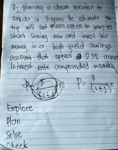 Ry planning a dream vacation to 
camada in Syears. He estimate the 
trip will lost550, 000, 00. He want to 
start saving now and inrest his 
money in a high-yeld savings 
account that offers 23% annd 
Interest rate compounded month
P= F/(1+j) n
Explore 
plan 
Solve 
check