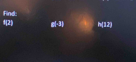 Find:
f(2)
g(-3)
h(12)