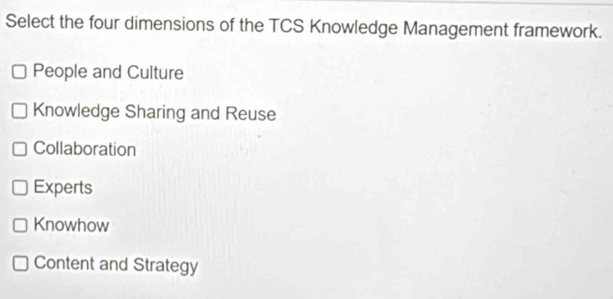 Select the four dimensions of the TCS Knowledge Management framework.
People and Culture
Knowledge Sharing and Reuse
Collaboration
Experts
Knowhow
Content and Strategy