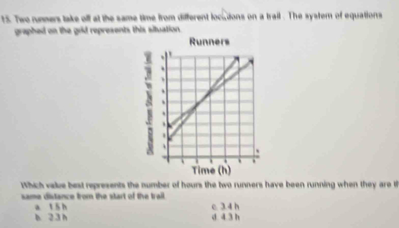 Two runners take off at the same time from different locictions on a trail . The system of equations
graphed on the grid represents this situation.
Which value best represents the number of hours the two runners have been running when they are th
same distance from the start of the trail .
a. 1 5 h c. 3.4h
b 2 3 h d. 4.3 h