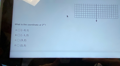 What is the coordinate of P'
A (-2,1)
(-1,2)
(3,2)
(2,3)