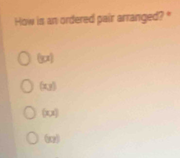 How is an ordered pair arranged? *
(p)
(13)
0)