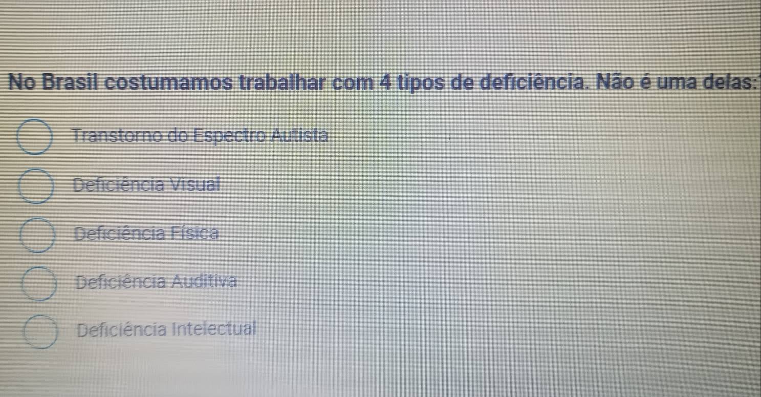 No Brasil costumamos trabalhar com 4 tipos de deficiência. Não é uma delas:
Transtorno do Espectro Autista
Deficiência Visual
Deficiência Física
Deficiência Auditiva
Deficiência Intelectual