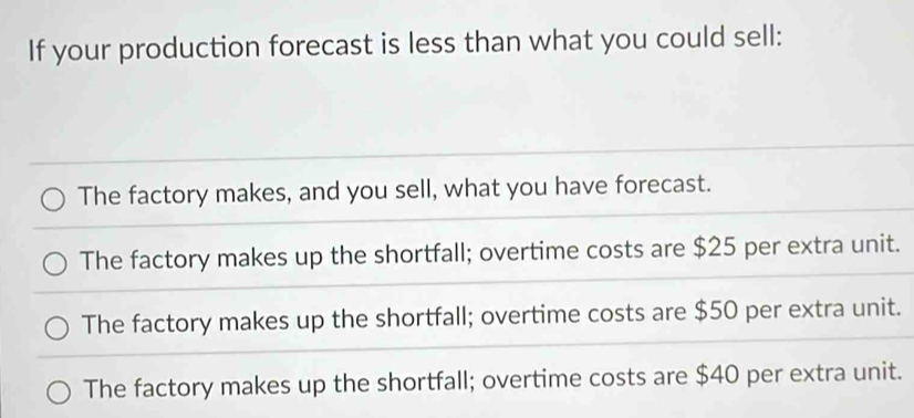 If your production forecast is less than what you could sell:
The factory makes, and you sell, what you have forecast.
The factory makes up the shortfall; overtime costs are $25 per extra unit.
The factory makes up the shortfall; overtime costs are $50 per extra unit.
The factory makes up the shortfall; overtime costs are $40 per extra unit.