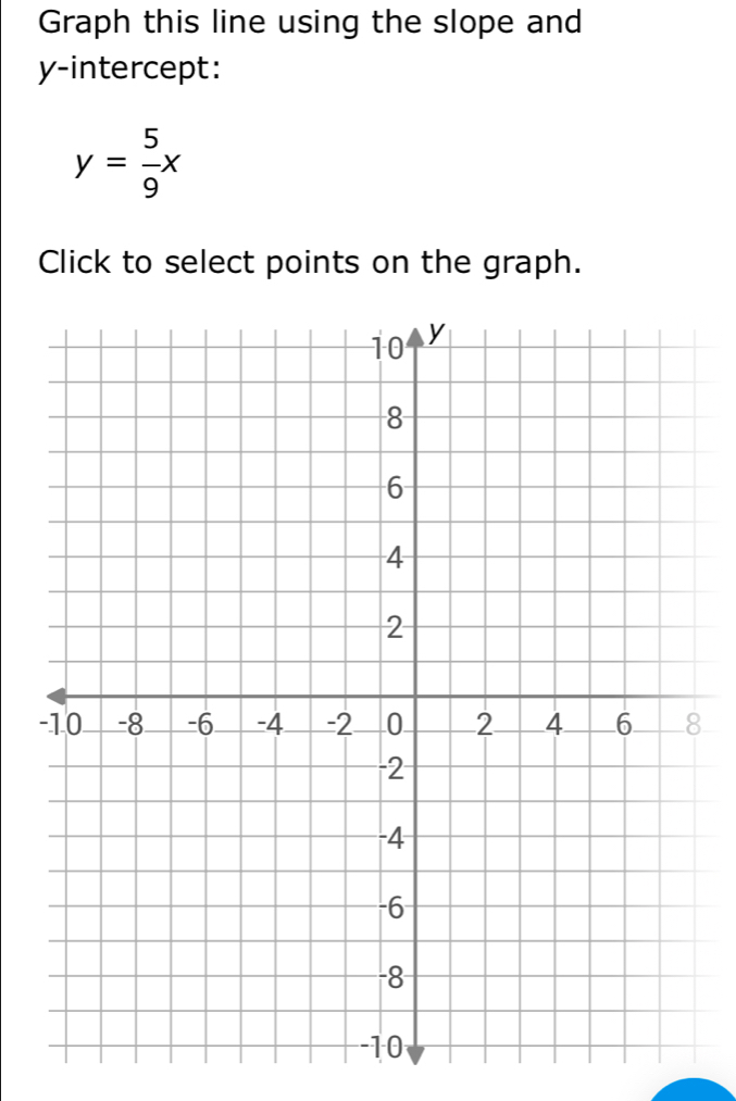 Graph this line using the slope and 
y-intercept:
y= 5/9 x
Click to select points on the graph.
-8