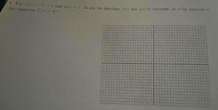 Let f(x)=x^2+1 &nd g(x)=2
the equation f(x)=g(x) Graph the functions f(x) and g(x) to determme all of the solutions to