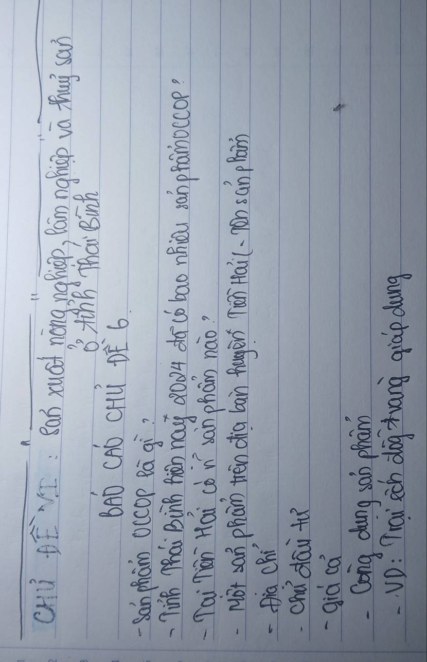 cHù DE VI: Ban xua nàng na hiop, Ran nghisp vn thug can 
B xihB Thar Binh 
B0 CPO CHú PE 6
-San pham occop Pa qì? 
7inB Má Binh fiàn nay ǎ004 dā có bao nhiòu san phamoccop? 
Tai nán Hái (ò i san phan náo? 
Nor san phan then dig bain fugērs nán Hai(·non sán phain 
-fia chi 
chǎ dái to 
-qiá ca 
-Cong dung san phann 
VD: Trow ech dog zuang qiap dung