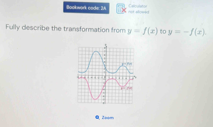 Bookwork code: 2A Calculator
not allowed
Fully describe the transformation from y=f(x) to y=-f(x).
Zoom